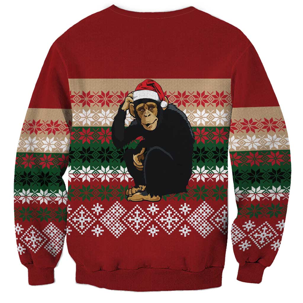 Chimpanzee Christmas Sweatshirt Chimpanzee Wearing Santa Hat - Red Green Snowflake - Wonder Print Shop