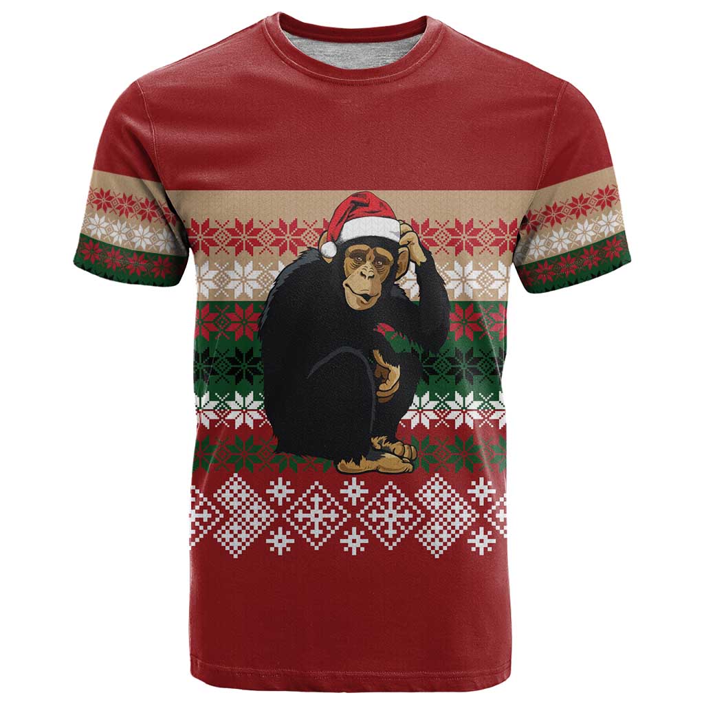 Chimpanzee Christmas T Shirt Chimpanzee Wearing Santa Hat - Red Green Snowflake - Wonder Print Shop