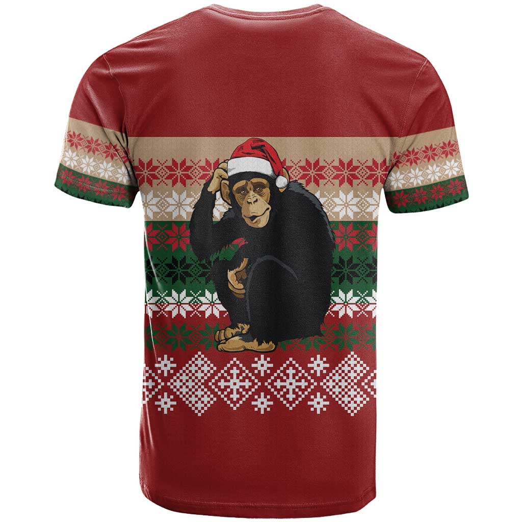 Chimpanzee Christmas T Shirt Chimpanzee Wearing Santa Hat - Red Green Snowflake - Wonder Print Shop