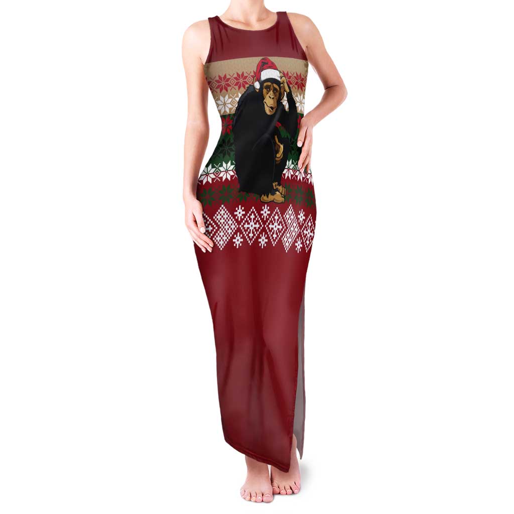 Chimpanzee Christmas Tank Maxi Dress Chimpanzee Wearing Santa Hat - Red Green Snowflake - Wonder Print Shop