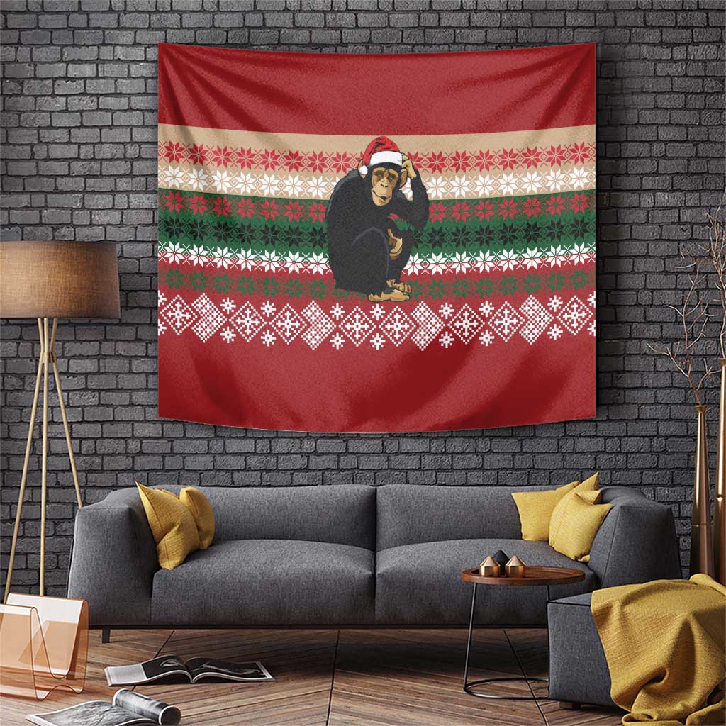 Chimpanzee Christmas Tapestry Chimpanzee Wearing Santa Hat - Red Green Snowflake - Wonder Print Shop
