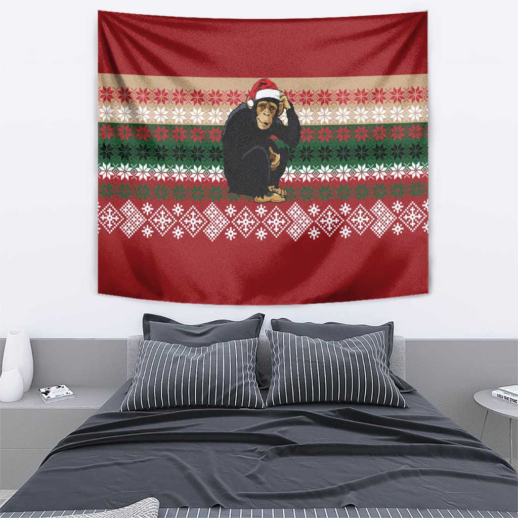 Chimpanzee Christmas Tapestry Chimpanzee Wearing Santa Hat - Red Green Snowflake - Wonder Print Shop