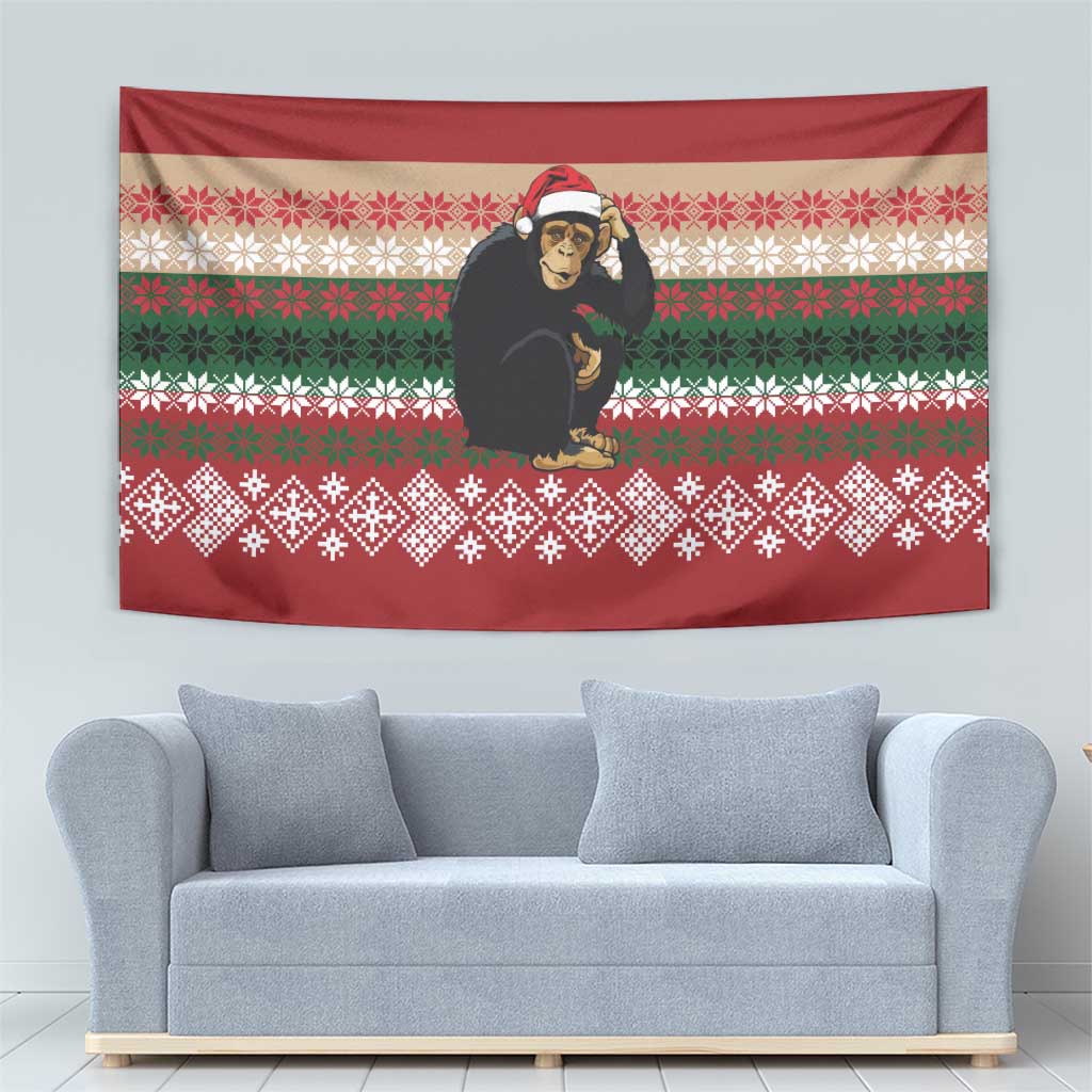 Chimpanzee Christmas Tapestry Chimpanzee Wearing Santa Hat - Red Green Snowflake - Wonder Print Shop