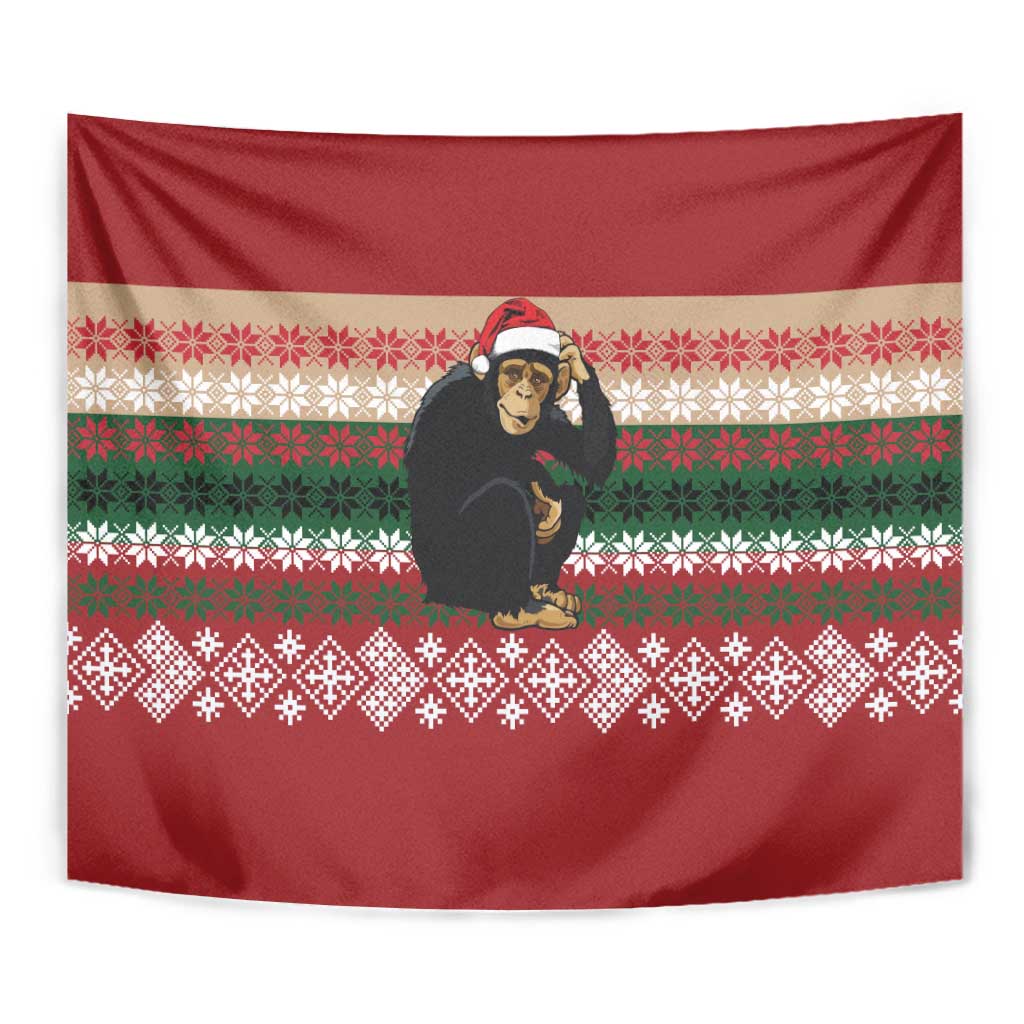 Chimpanzee Christmas Tapestry Chimpanzee Wearing Santa Hat - Red Green Snowflake - Wonder Print Shop