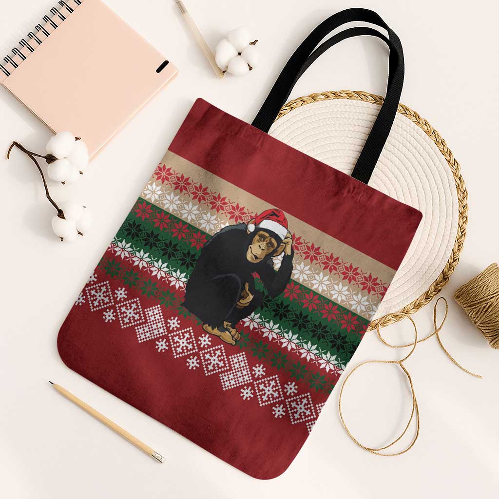 Chimpanzee Christmas Tote Bag Chimpanzee Wearing Santa Hat - Red Green Snowflake - Wonder Print Shop
