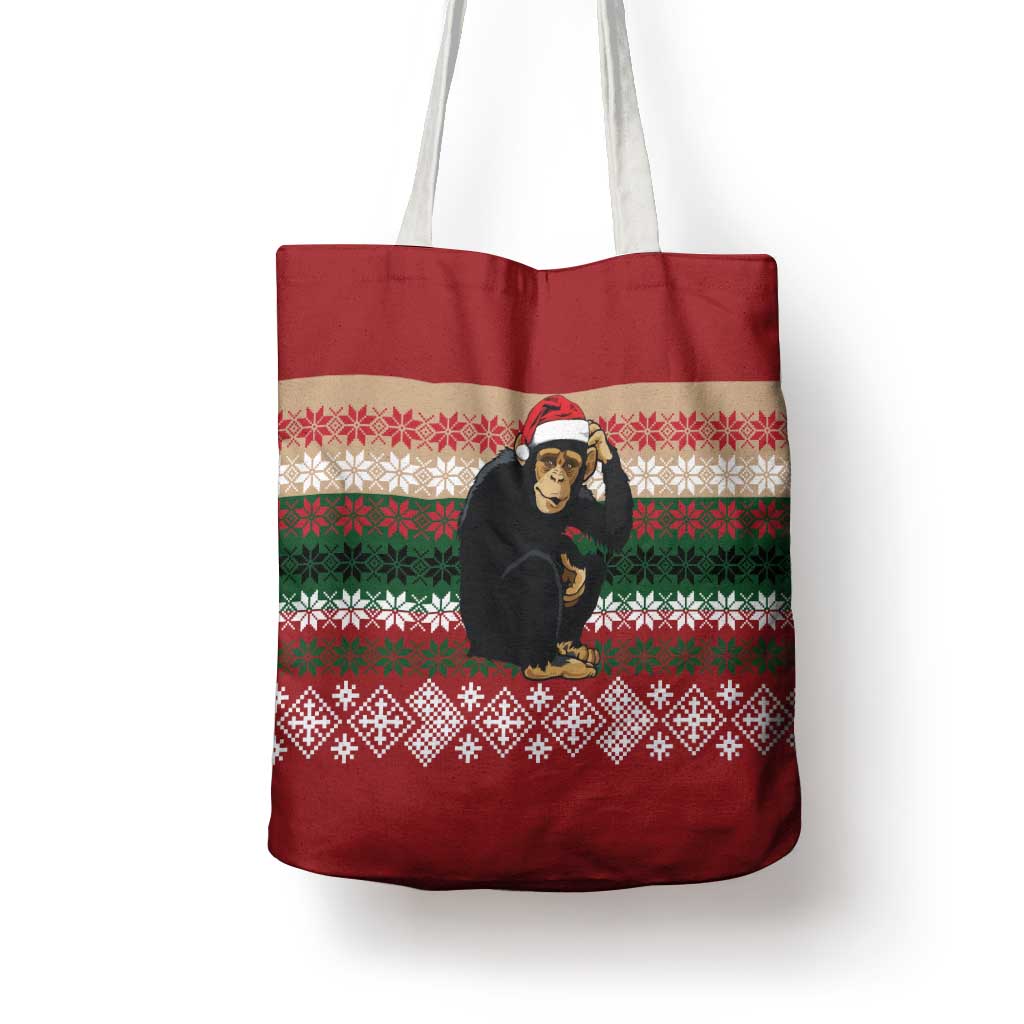 Chimpanzee Christmas Tote Bag Chimpanzee Wearing Santa Hat - Red Green Snowflake - Wonder Print Shop