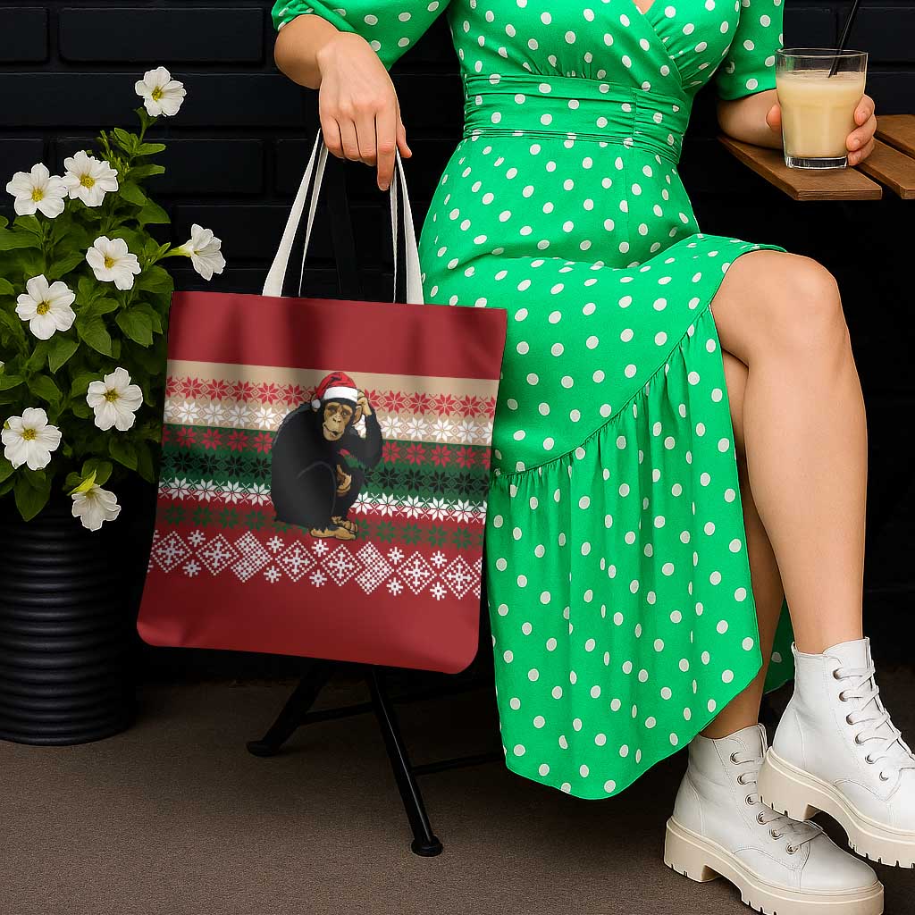 Chimpanzee Christmas Tote Bag Chimpanzee Wearing Santa Hat - Red Green Snowflake - Wonder Print Shop