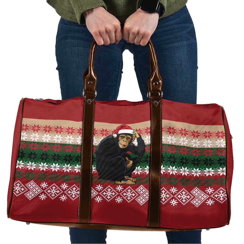Chimpanzee Christmas Travel Bag Chimpanzee Wearing Santa Hat - Red Green Snowflake - Wonder Print Shop