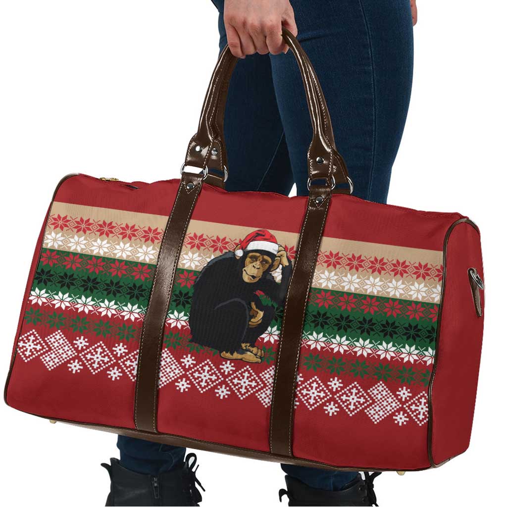 Chimpanzee Christmas Travel Bag Chimpanzee Wearing Santa Hat - Red Green Snowflake - Wonder Print Shop
