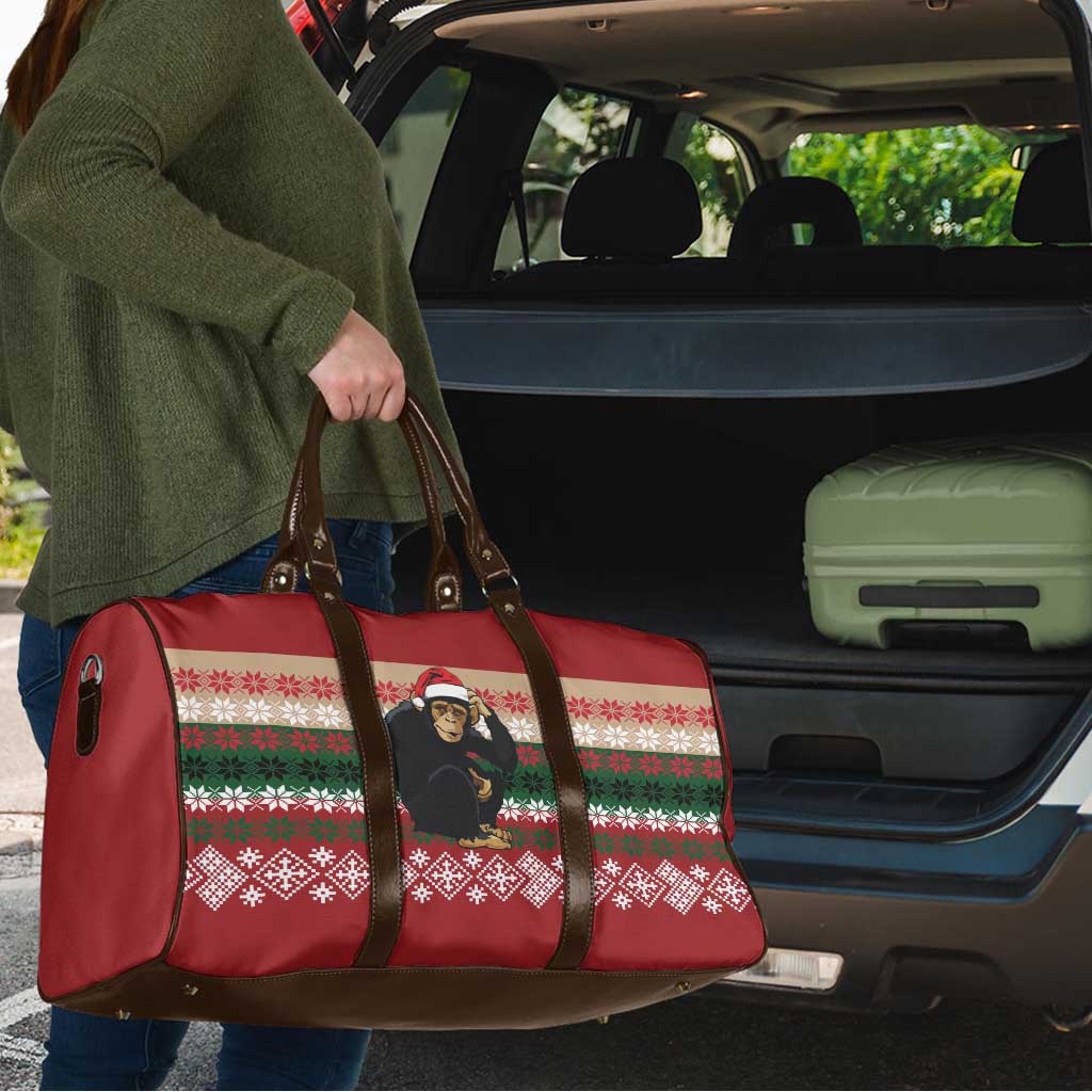 Chimpanzee Christmas Travel Bag Chimpanzee Wearing Santa Hat - Red Green Snowflake - Wonder Print Shop