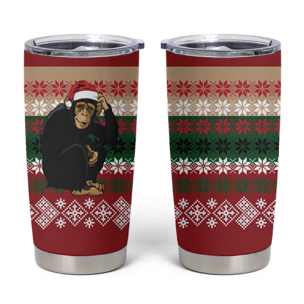 Chimpanzee Christmas Tumbler Cup Chimpanzee Wearing Santa Hat - Red Green Snowflake - Wonder Print Shop