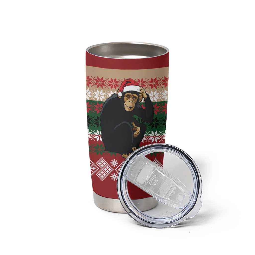 Chimpanzee Christmas Tumbler Cup Chimpanzee Wearing Santa Hat - Red Green Snowflake - Wonder Print Shop