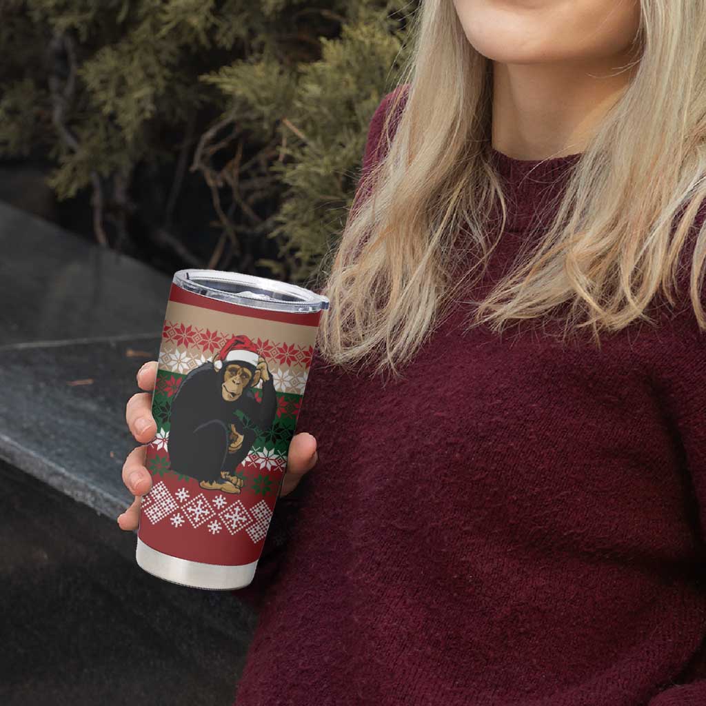 Chimpanzee Christmas Tumbler Cup Chimpanzee Wearing Santa Hat - Red Green Snowflake - Wonder Print Shop