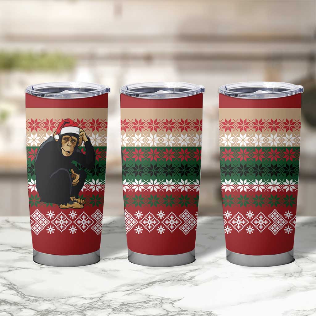 Chimpanzee Christmas Tumbler Cup Chimpanzee Wearing Santa Hat - Red Green Snowflake - Wonder Print Shop