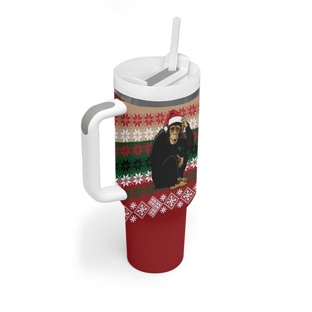 Chimpanzee Christmas Tumbler With Handle Chimpanzee Wearing Santa Hat - Red Green Snowflake - Wonder Print Shop