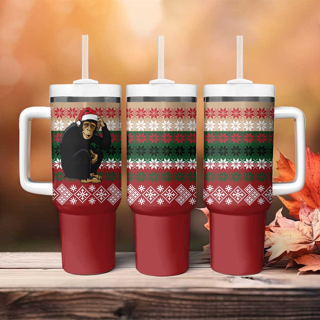 Chimpanzee Christmas Tumbler With Handle Chimpanzee Wearing Santa Hat - Red Green Snowflake - Wonder Print Shop