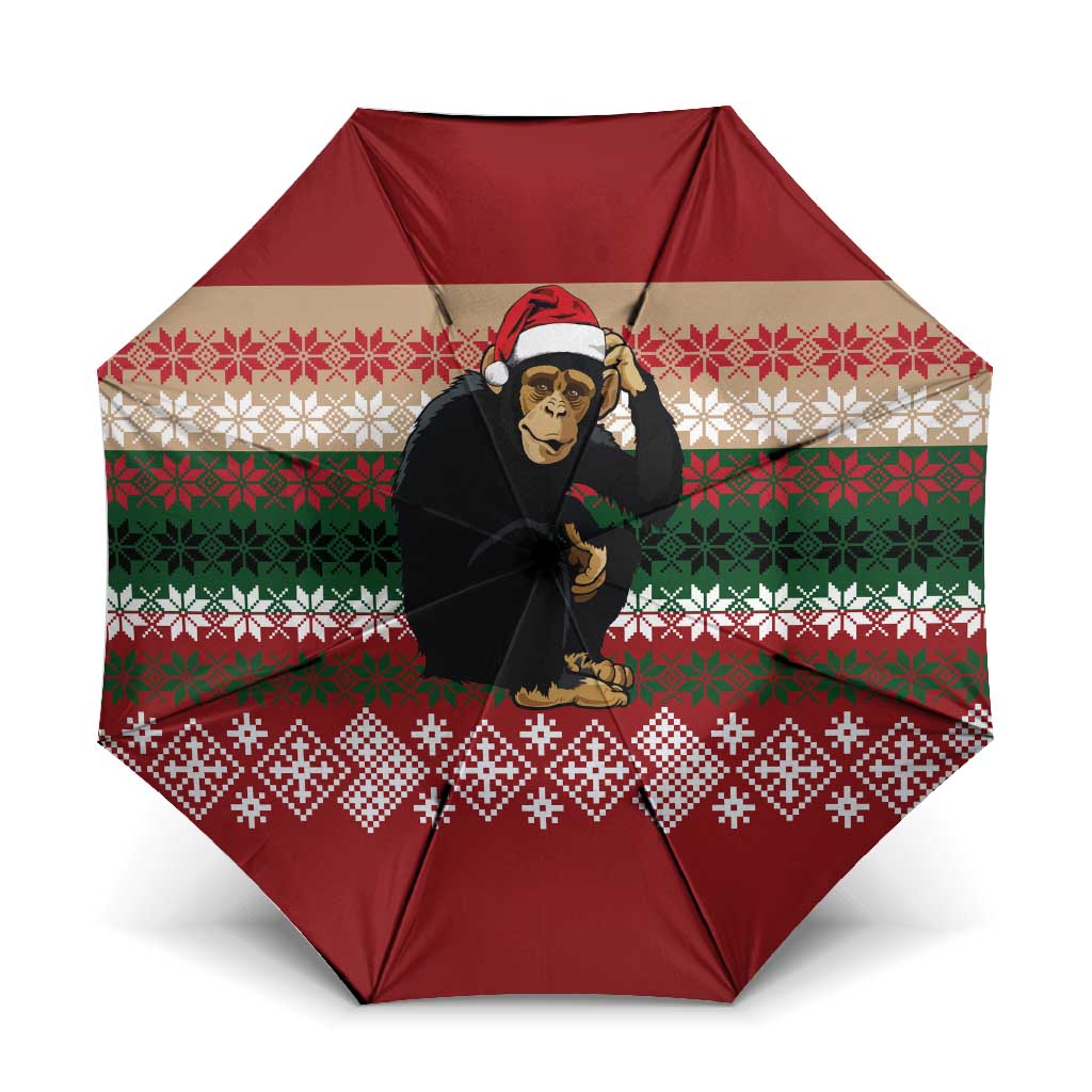 Chimpanzee Christmas Umbrella Chimpanzee Wearing Santa Hat - Red Green Snowflake - Wonder Print Shop