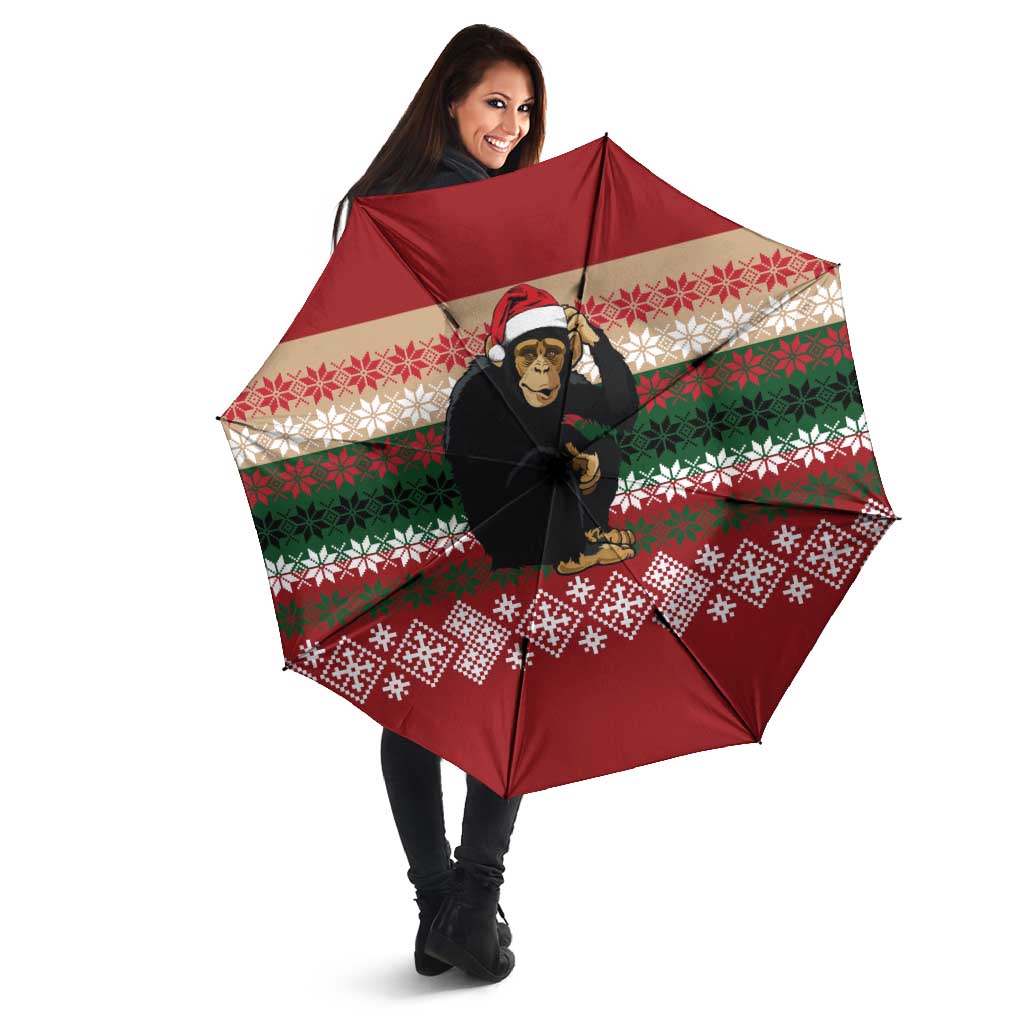 Chimpanzee Christmas Umbrella Chimpanzee Wearing Santa Hat - Red Green Snowflake - Wonder Print Shop
