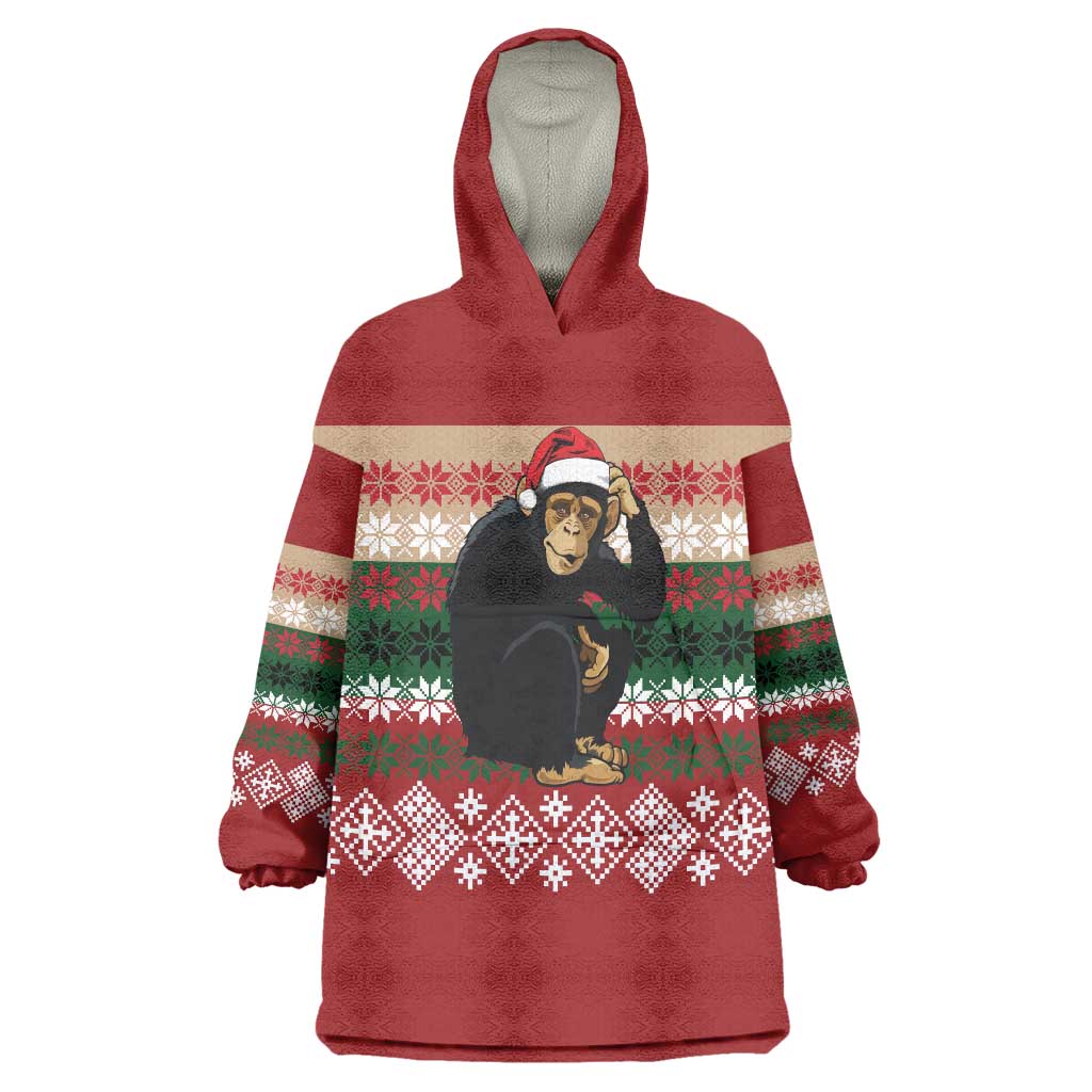 Chimpanzee Christmas Wearable Blanket Hoodie Chimpanzee Wearing Santa Hat - Red Green Snowflake - Wonder Print Shop
