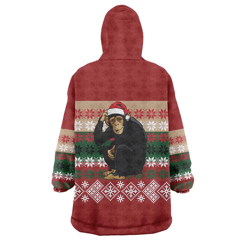 Chimpanzee Christmas Wearable Blanket Hoodie Chimpanzee Wearing Santa Hat - Red Green Snowflake - Wonder Print Shop