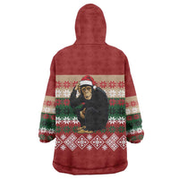 Chimpanzee Christmas Wearable Blanket Hoodie Chimpanzee Wearing Santa Hat - Red Green Snowflake - Wonder Print Shop