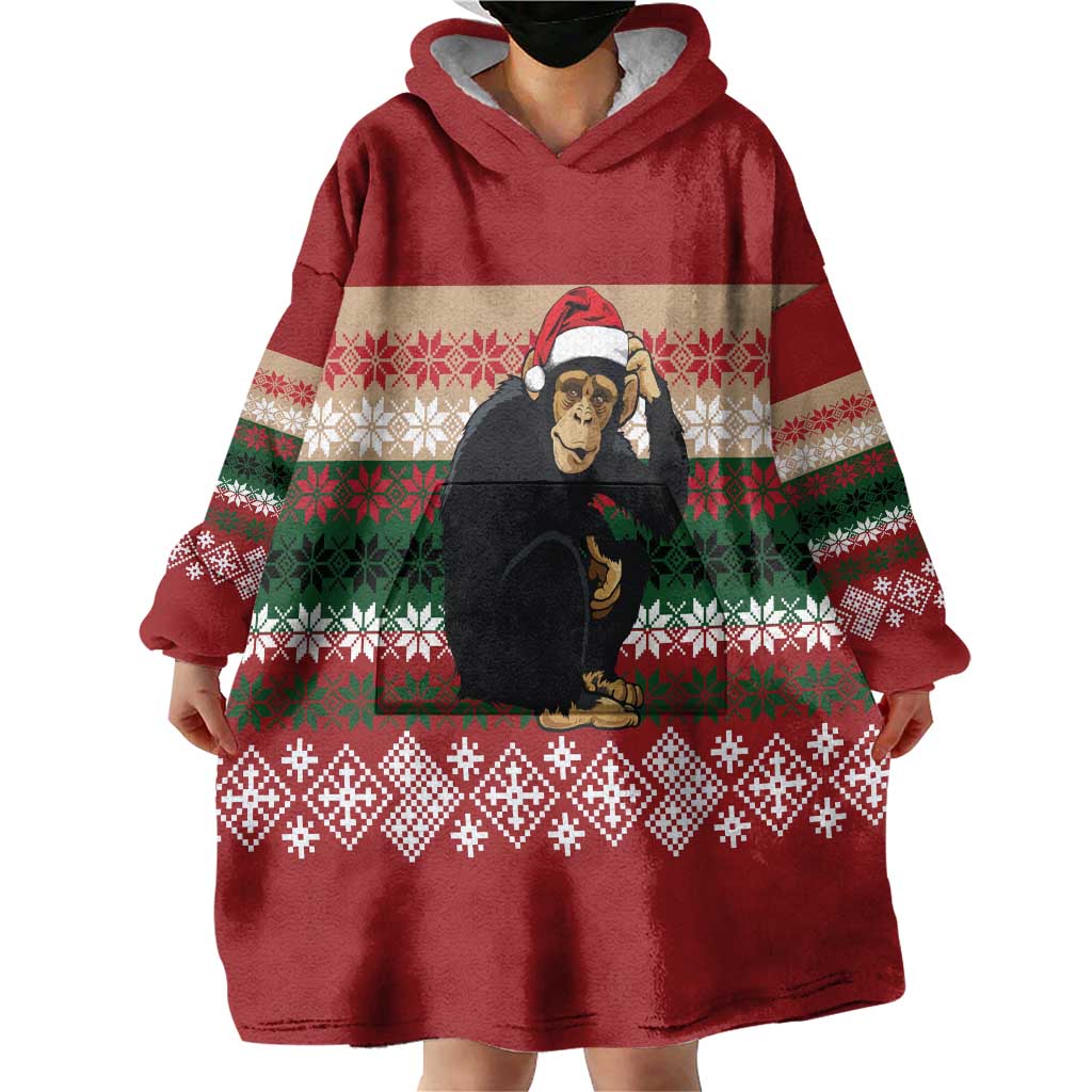 Chimpanzee Christmas Wearable Blanket Hoodie Chimpanzee Wearing Santa Hat - Red Green Snowflake - Wonder Print Shop
