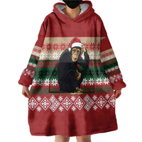 Chimpanzee Christmas Wearable Blanket Hoodie Chimpanzee Wearing Santa Hat - Red Green Snowflake - Wonder Print Shop