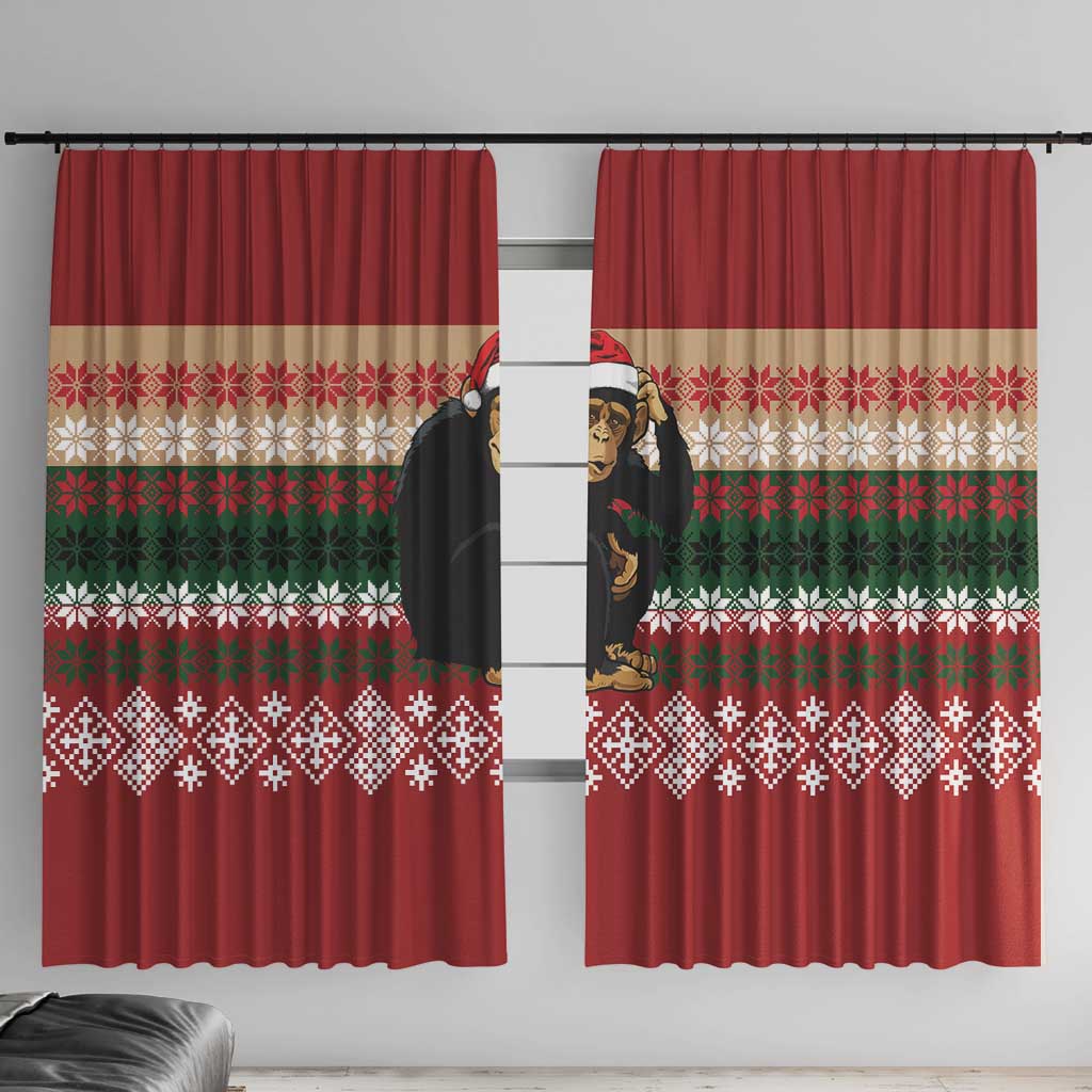 Chimpanzee Christmas Window Curtain Chimpanzee Wearing Santa Hat - Red Green Snowflake - Wonder Print Shop
