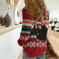 Chimpanzee Christmas Women Casual Shirt Chimpanzee Wearing Santa Hat - Red Green Snowflake - Wonder Print Shop