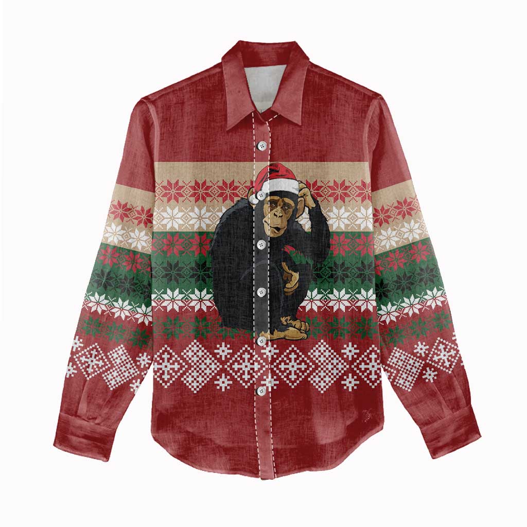 Chimpanzee Christmas Women Casual Shirt Chimpanzee Wearing Santa Hat - Red Green Snowflake - Wonder Print Shop