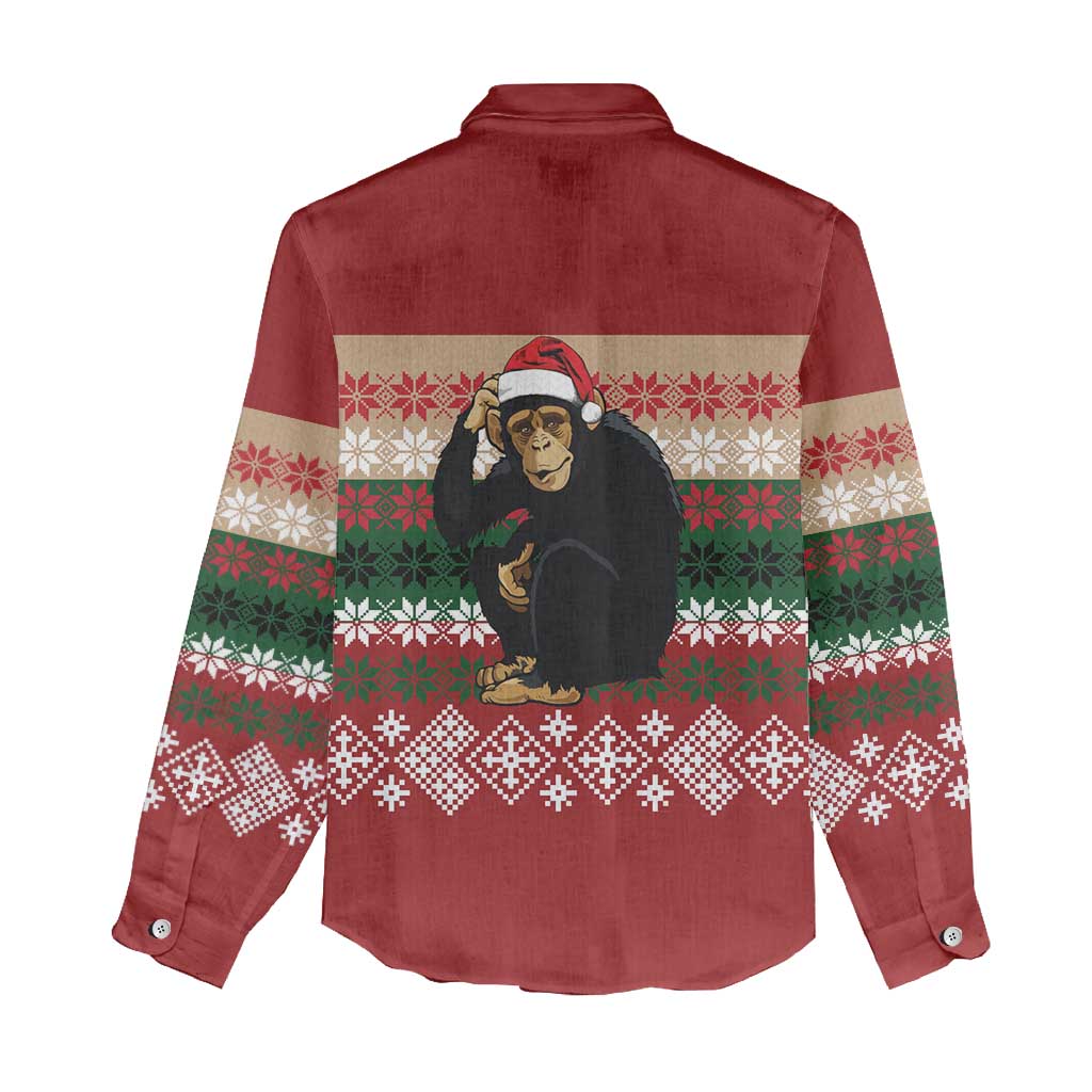 Chimpanzee Christmas Women Casual Shirt Chimpanzee Wearing Santa Hat - Red Green Snowflake - Wonder Print Shop