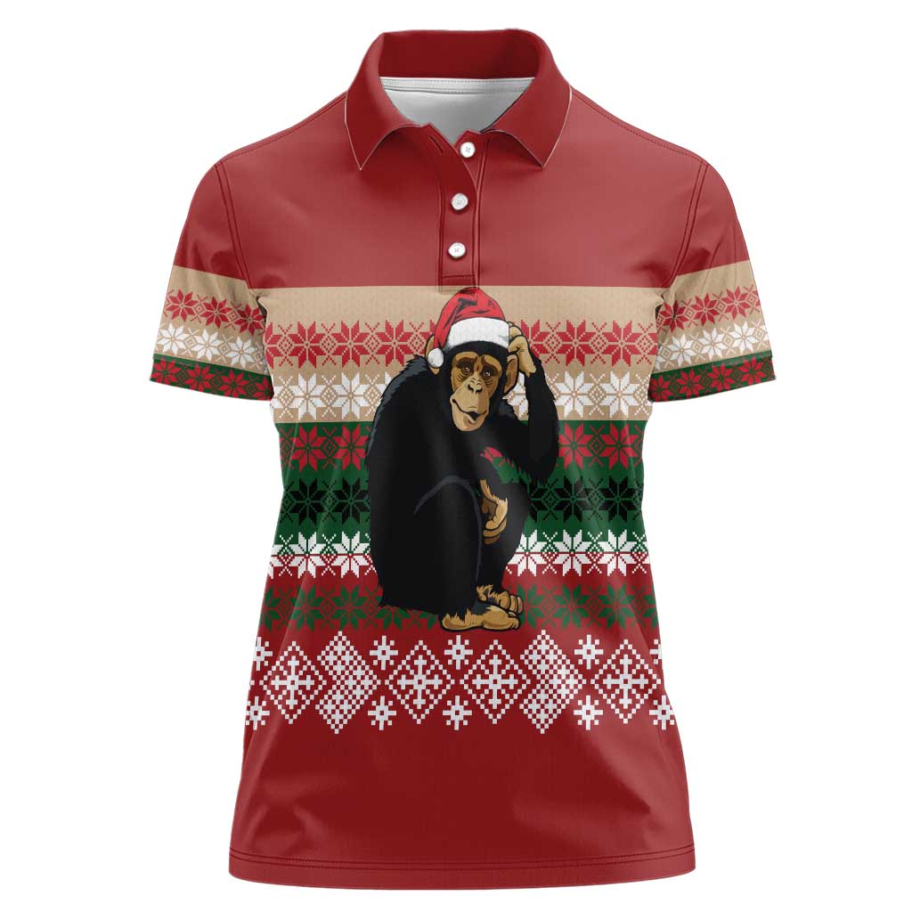Chimpanzee Christmas Women Polo Shirt Chimpanzee Wearing Santa Hat - Red Green Snowflake - Wonder Print Shop