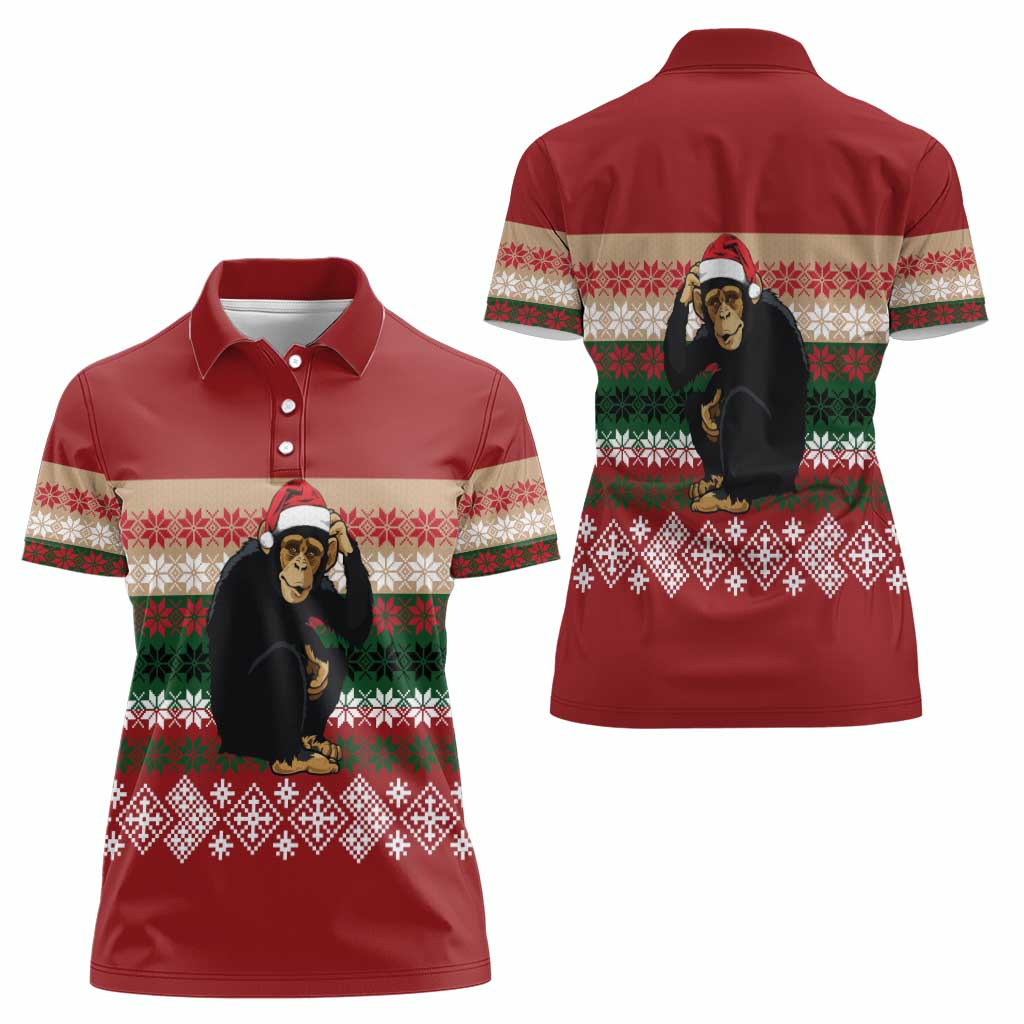 Chimpanzee Christmas Women Polo Shirt Chimpanzee Wearing Santa Hat - Red Green Snowflake - Wonder Print Shop