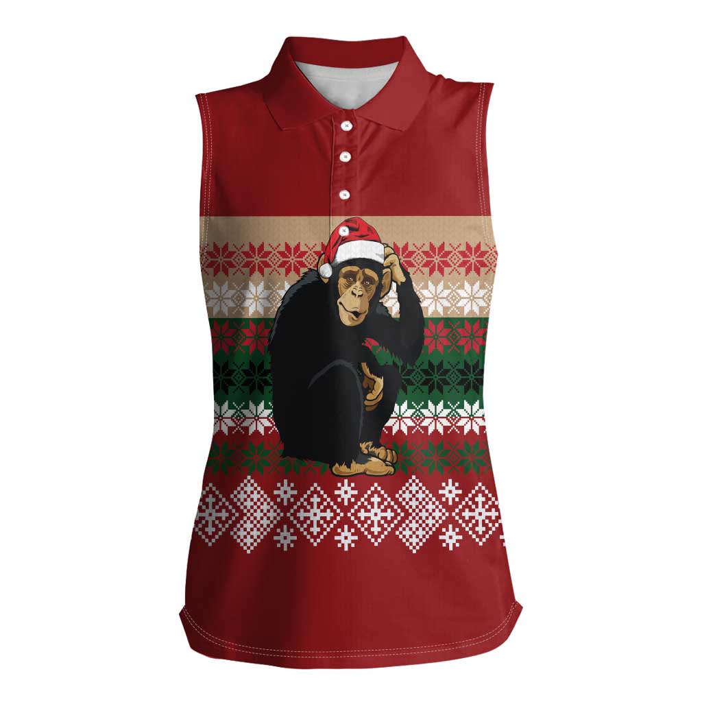 Chimpanzee Christmas Women Sleeveless Polo Shirt Chimpanzee Wearing Santa Hat - Red Green Snowflake - Wonder Print Shop