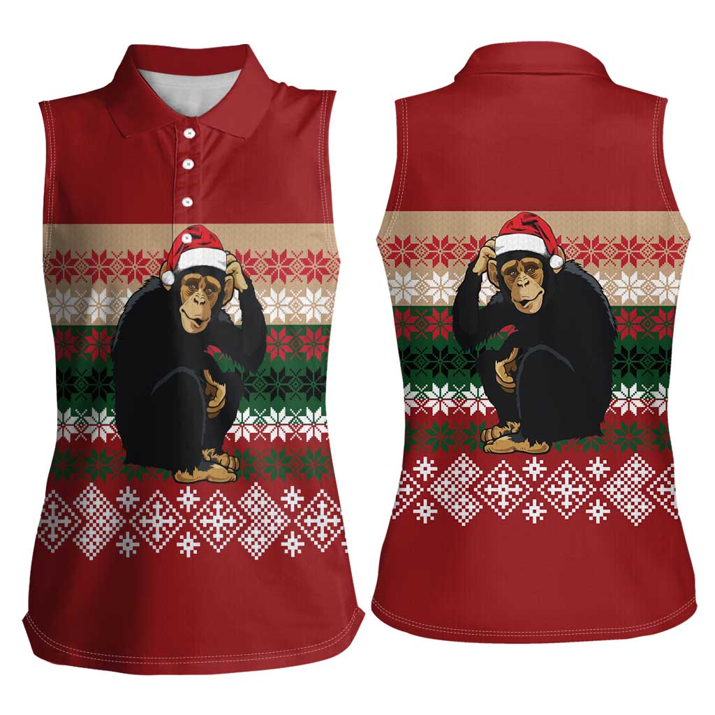 Chimpanzee Christmas Women Sleeveless Polo Shirt Chimpanzee Wearing Santa Hat - Red Green Snowflake - Wonder Print Shop