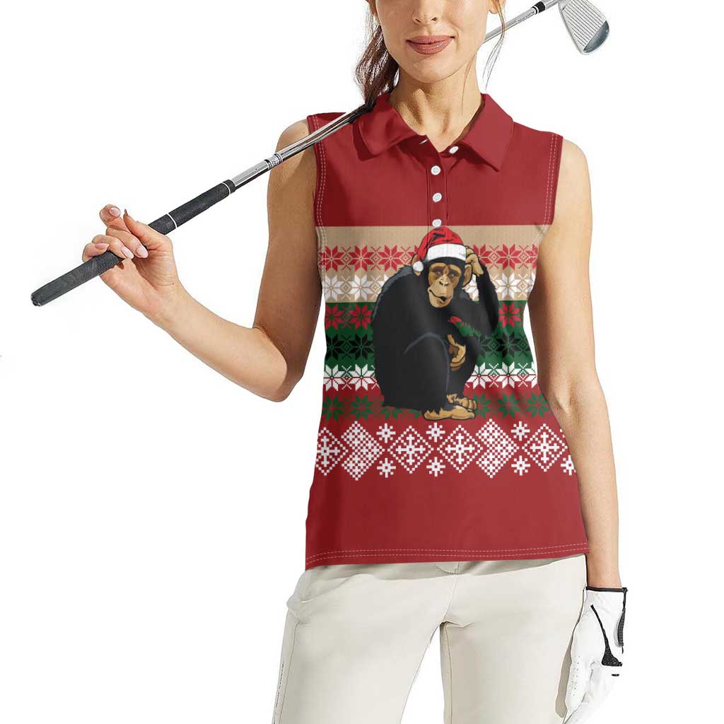Chimpanzee Christmas Women Sleeveless Polo Shirt Chimpanzee Wearing Santa Hat - Red Green Snowflake - Wonder Print Shop
