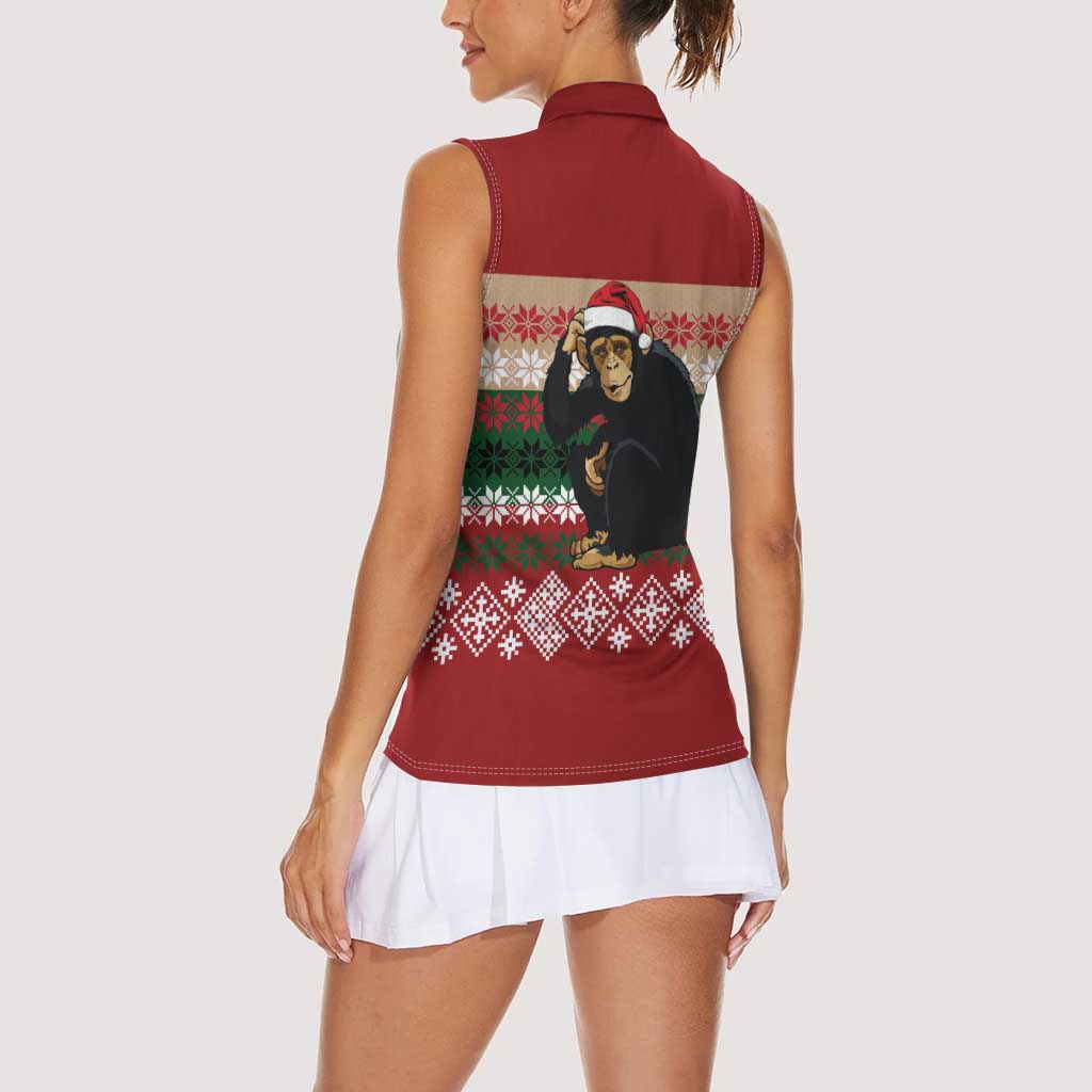 Chimpanzee Christmas Women Sleeveless Polo Shirt Chimpanzee Wearing Santa Hat - Red Green Snowflake - Wonder Print Shop