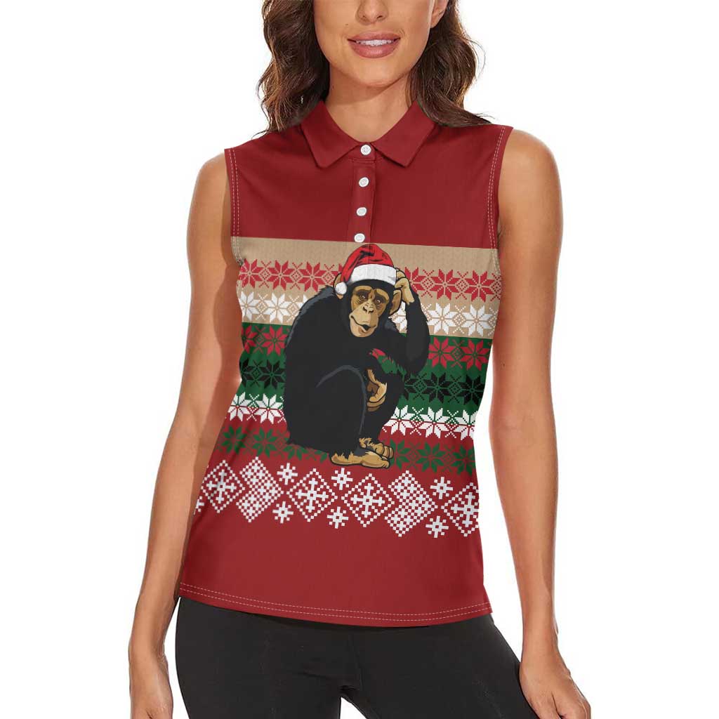 Chimpanzee Christmas Women Sleeveless Polo Shirt Chimpanzee Wearing Santa Hat - Red Green Snowflake - Wonder Print Shop