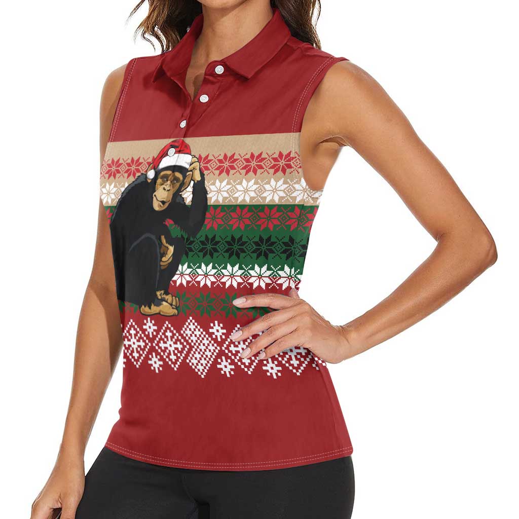 Chimpanzee Christmas Women Sleeveless Polo Shirt Chimpanzee Wearing Santa Hat - Red Green Snowflake - Wonder Print Shop