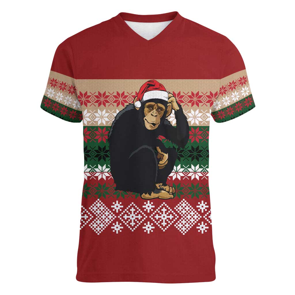 Chimpanzee Christmas Women V-Neck T-Shirt Chimpanzee Wearing Santa Hat - Red Green Snowflake - Wonder Print Shop