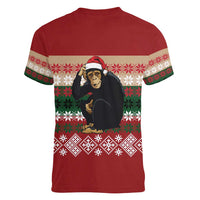 Chimpanzee Christmas Women V-Neck T-Shirt Chimpanzee Wearing Santa Hat - Red Green Snowflake - Wonder Print Shop