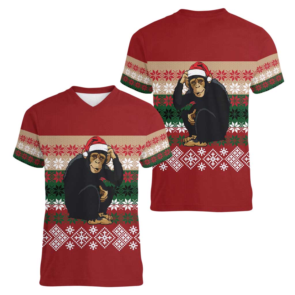 Chimpanzee Christmas Women V-Neck T-Shirt Chimpanzee Wearing Santa Hat - Red Green Snowflake - Wonder Print Shop