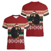 Chimpanzee Christmas Women V-Neck T-Shirt Chimpanzee Wearing Santa Hat - Red Green Snowflake - Wonder Print Shop