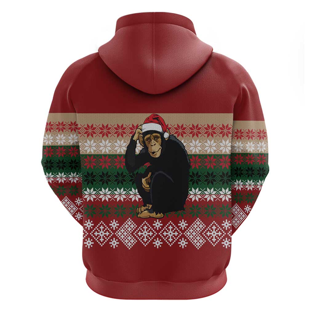 Chimpanzee Christmas Zip Hoodie Chimpanzee Wearing Santa Hat - Red Green Snowflake - Wonder Print Shop