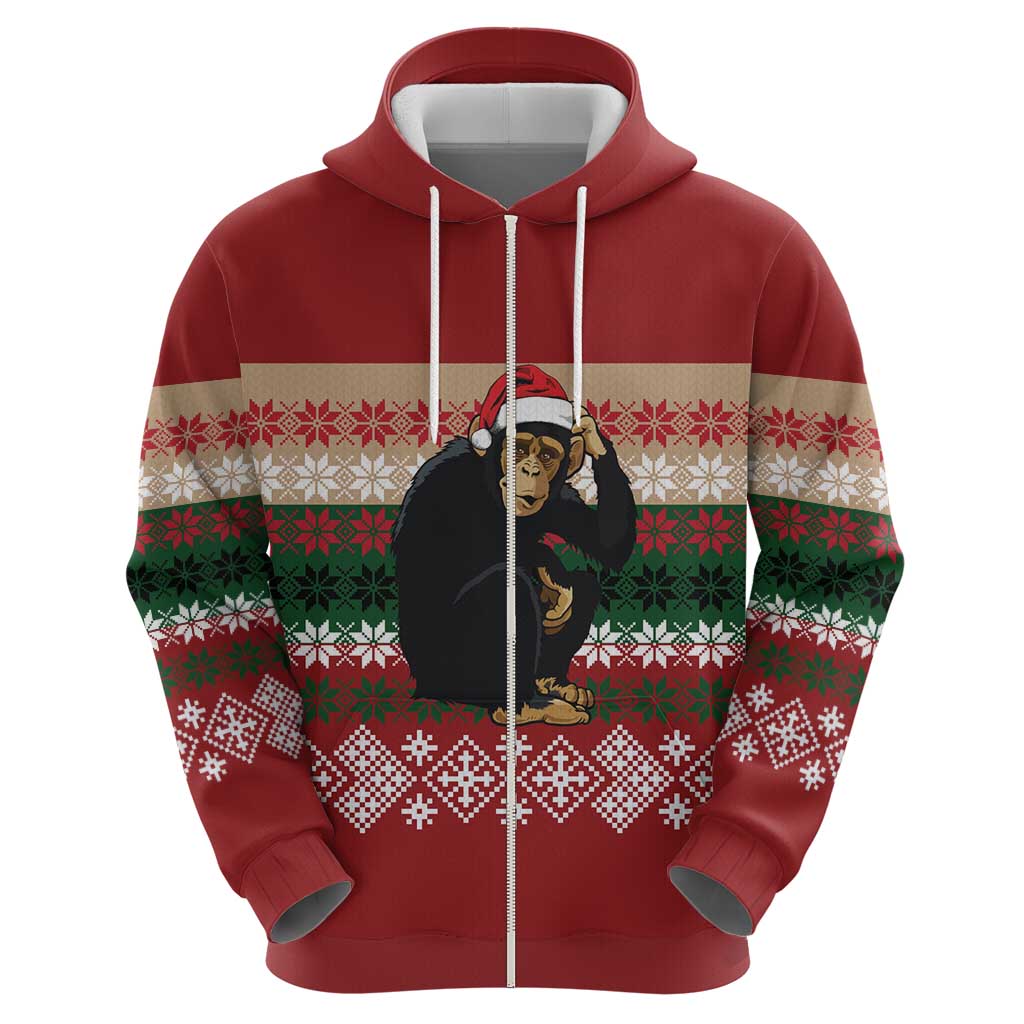 Chimpanzee Christmas Zip Hoodie Chimpanzee Wearing Santa Hat - Red Green Snowflake - Wonder Print Shop