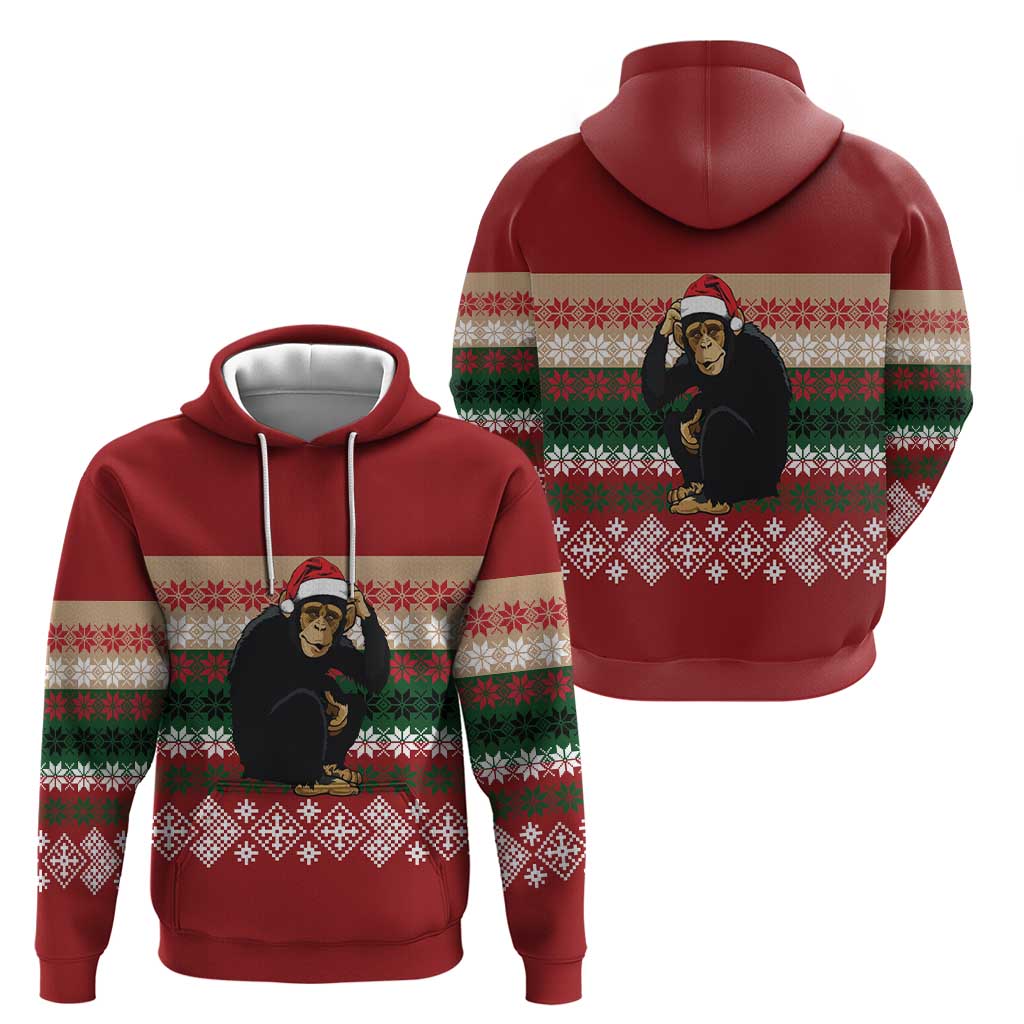 Chimpanzee Christmas Zip Hoodie Chimpanzee Wearing Santa Hat - Red Green Snowflake - Wonder Print Shop