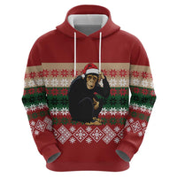 Chimpanzee Christmas Zip Hoodie Chimpanzee Wearing Santa Hat - Red Green Snowflake - Wonder Print Shop