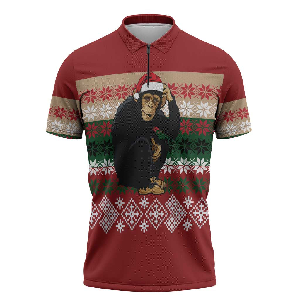 Chimpanzee Christmas Zipper Polo Shirt Chimpanzee Wearing Santa Hat - Red Green Snowflake - Wonder Print Shop
