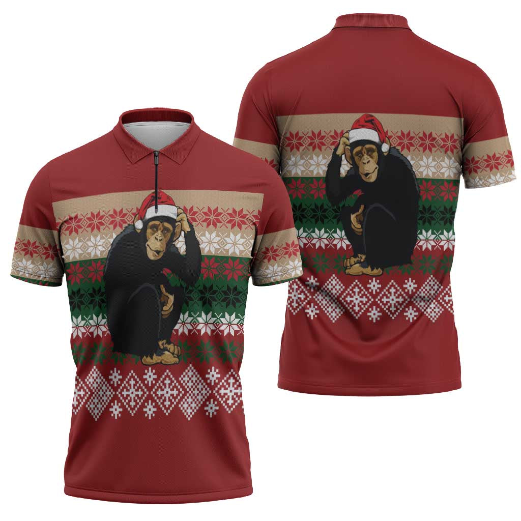 Chimpanzee Christmas Zipper Polo Shirt Chimpanzee Wearing Santa Hat - Red Green Snowflake - Wonder Print Shop