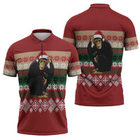 Chimpanzee Christmas Zipper Polo Shirt Chimpanzee Wearing Santa Hat - Red Green Snowflake - Wonder Print Shop
